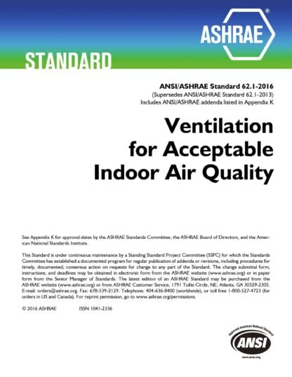 ASHRAE Standard 62.1-2016 – Ventilation for Acceptable Indoor Air Quality (ANSI Approved) PDF Download